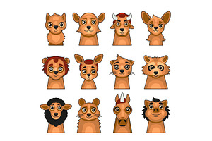 Animals Face Icons Set. Cute Cartoon