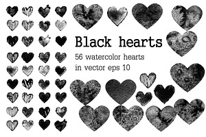 Set Of Black Watercolor Hearts