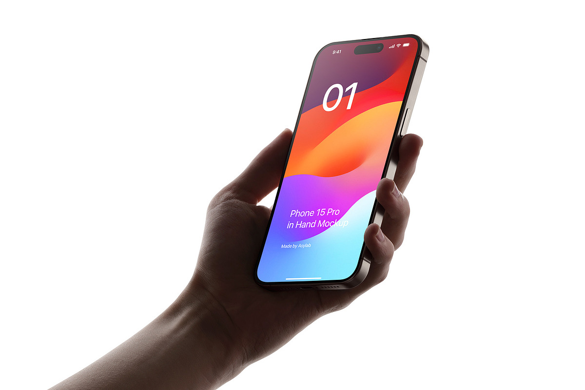 Phone 15 Pro Mockup in Hand, an iPhone Mockup by Asylab (Photo 1 of 4)