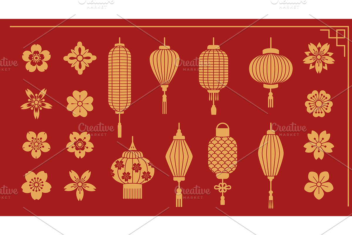 Golden chinese lanterns with, an Object Illustration by art PVP - market