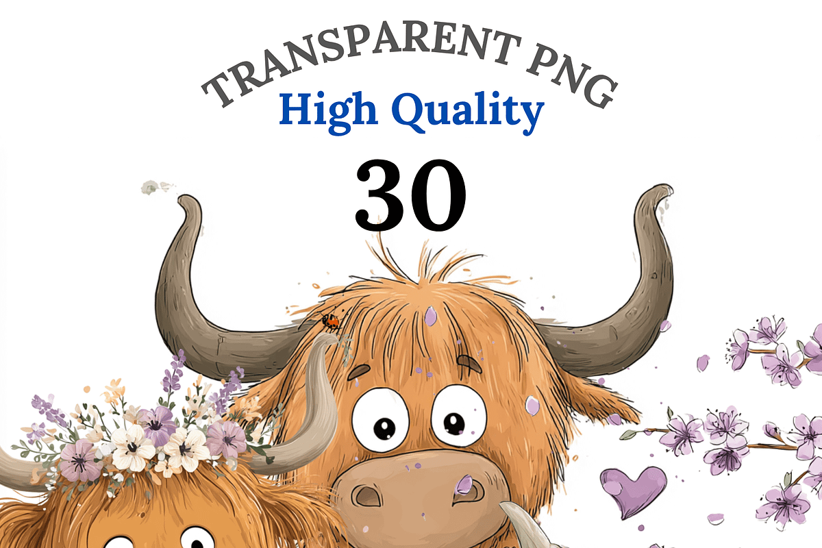 30 Floral Highland Cow Clipart, an Animal Illustration by Pati Charm Studio (Photo 1 of 8)