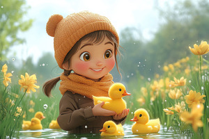 Young girl joyfully interacts with d, a Photo by Tanuart