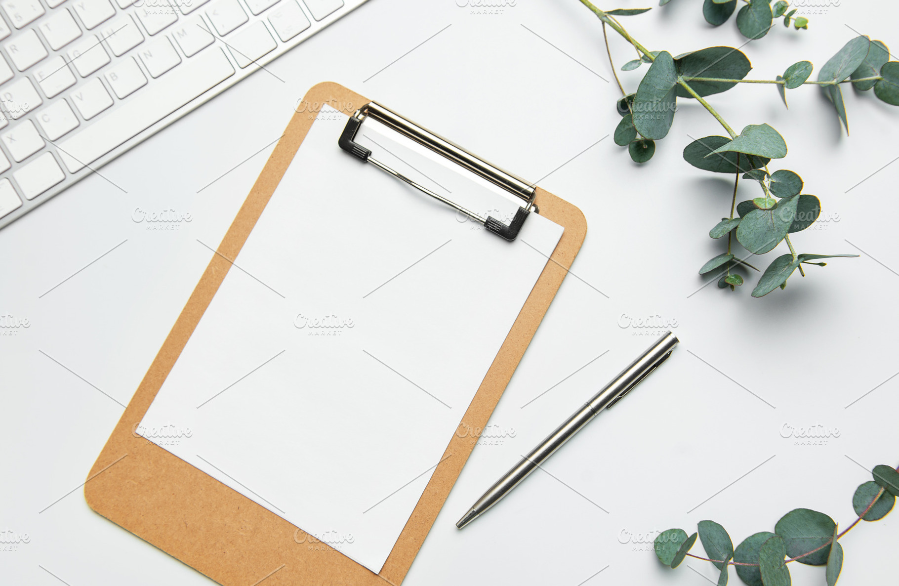 Clipboard with blank paper, pen, keyboard and eucalyptus branche, a Business Photo by Olena Rudo