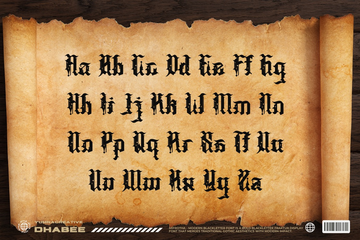 Mifrotha - Modern Blackletter Font, a Blackletter Font by Dhabee (Photo 2 of 18)