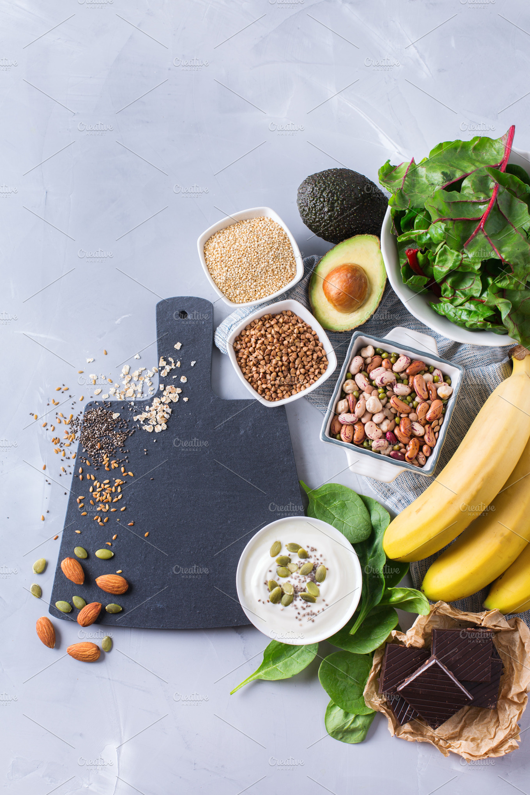 Assortment of healthy high magnesium sources food stock photo containing, a Food & Drink Photo by Antonina Vlasova