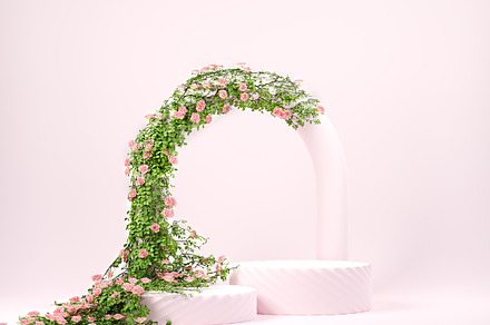 3d spring floral scene with podiums