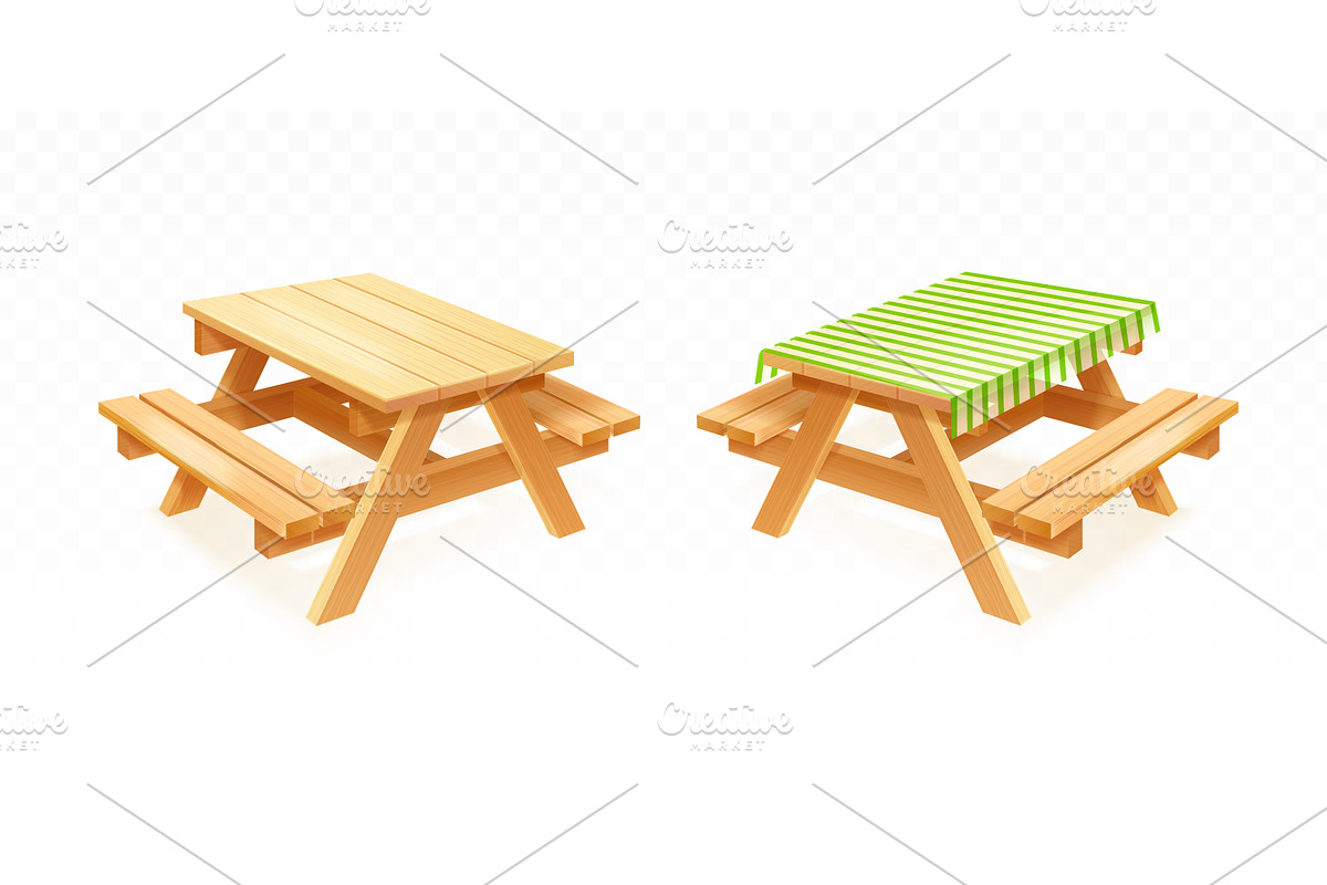 Realistic picnic table. 3d wooden, an Object Illustration by Stock-Smart-Start
