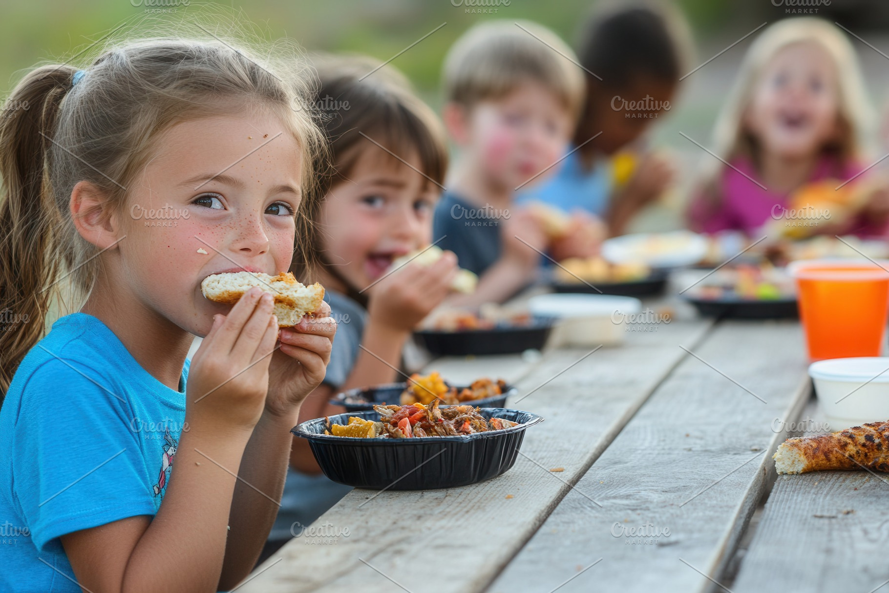 A group of children happily eating, a Photo by Pavel_design