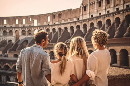 Family with kids against Colosseum, Rome, Italy.  People visitin, a Person Photo by AS photostudio