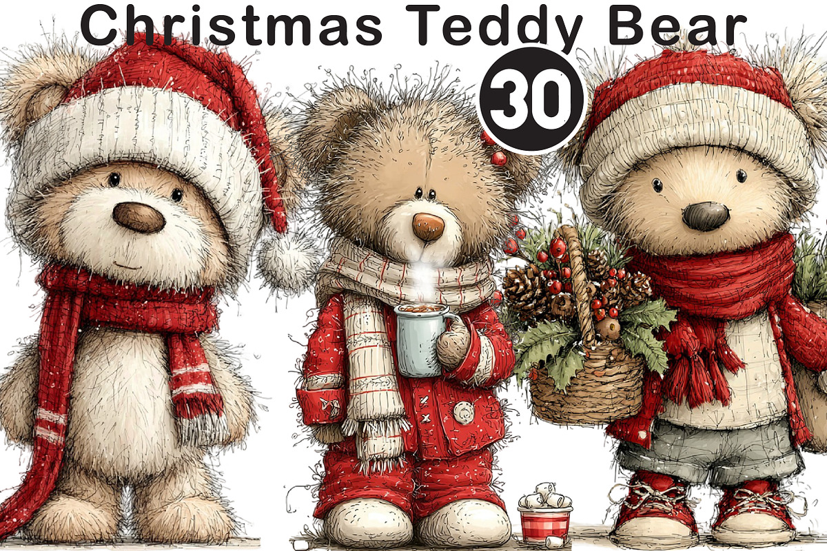 Christmas Teddy Bear Clipart, a Seasonal Illustration by Black Bird Studio (Photo 1 of 7)