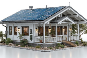 Eco-friendly cottage with solar panels on roof surrounded by lan, a Technology Photo by José Manuel Gelpi
