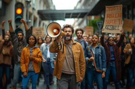 Diverse Group of People Marching in Protest with Signs and Megaphone, a Photo by AS photostudio
