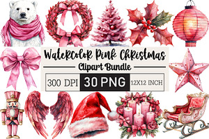 Watercolor Pink Christmas Clipart, an Illustration by Black Bird Studio