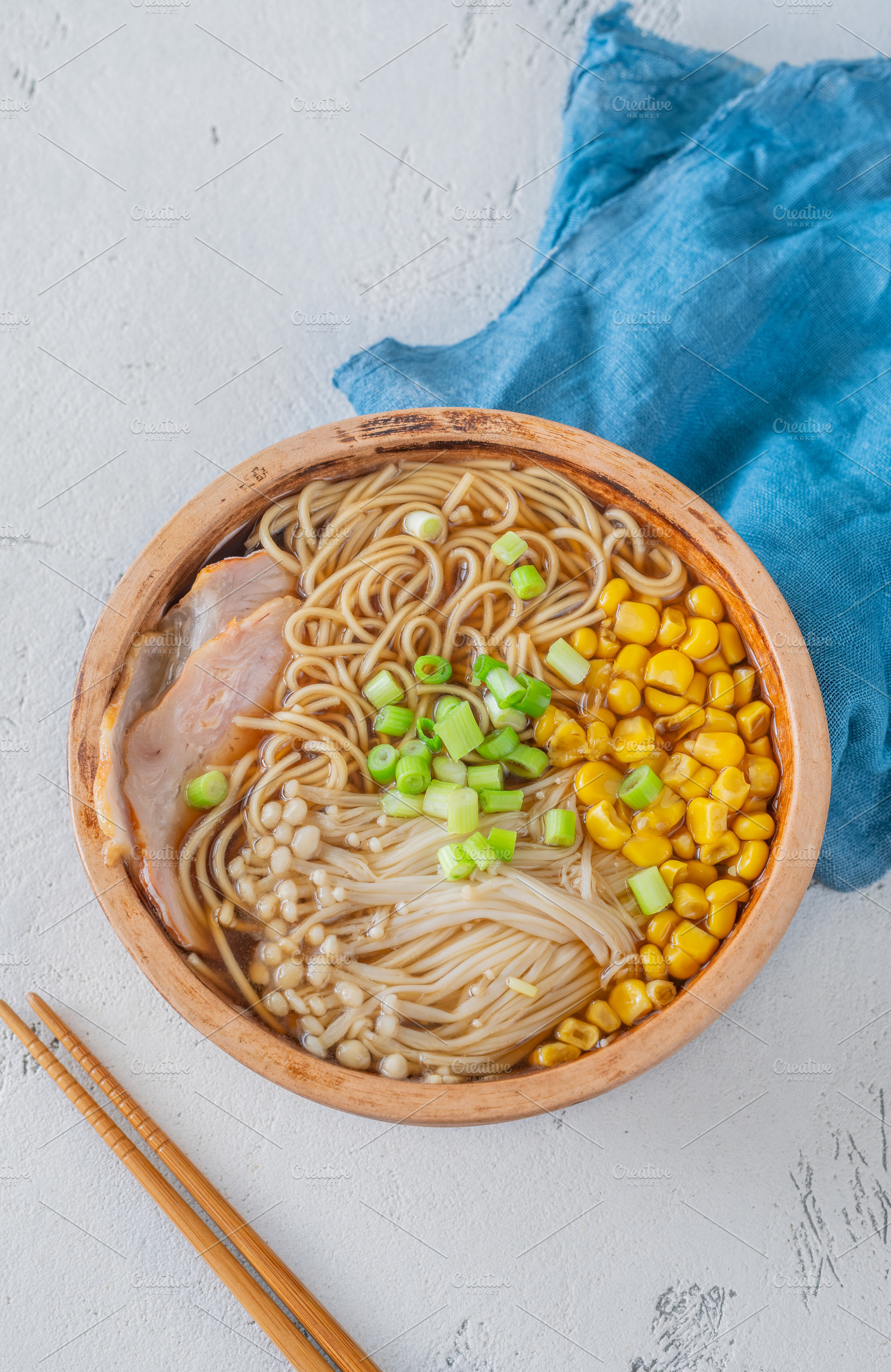 Japanese Ramen Soup With Pork Belly Corn And Enoki Mushrooms, a Food & Drink Photo by Alexander Prokopenko
