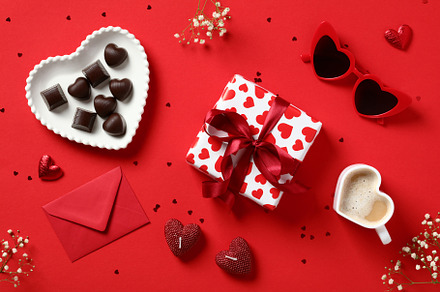 Happy Valentines Day composition. Flat lay gift box, envelope, candy, cup of co, a Holiday Photo by photoguns