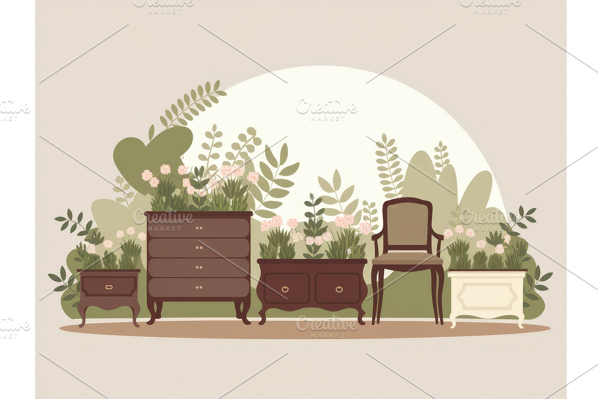 Vintage furniture arrangement with, an Illustration by tilialucida
