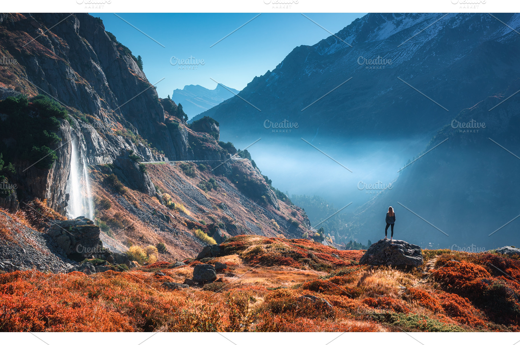 Woman standing on rock near a, a Nature Photo by den-belitsky