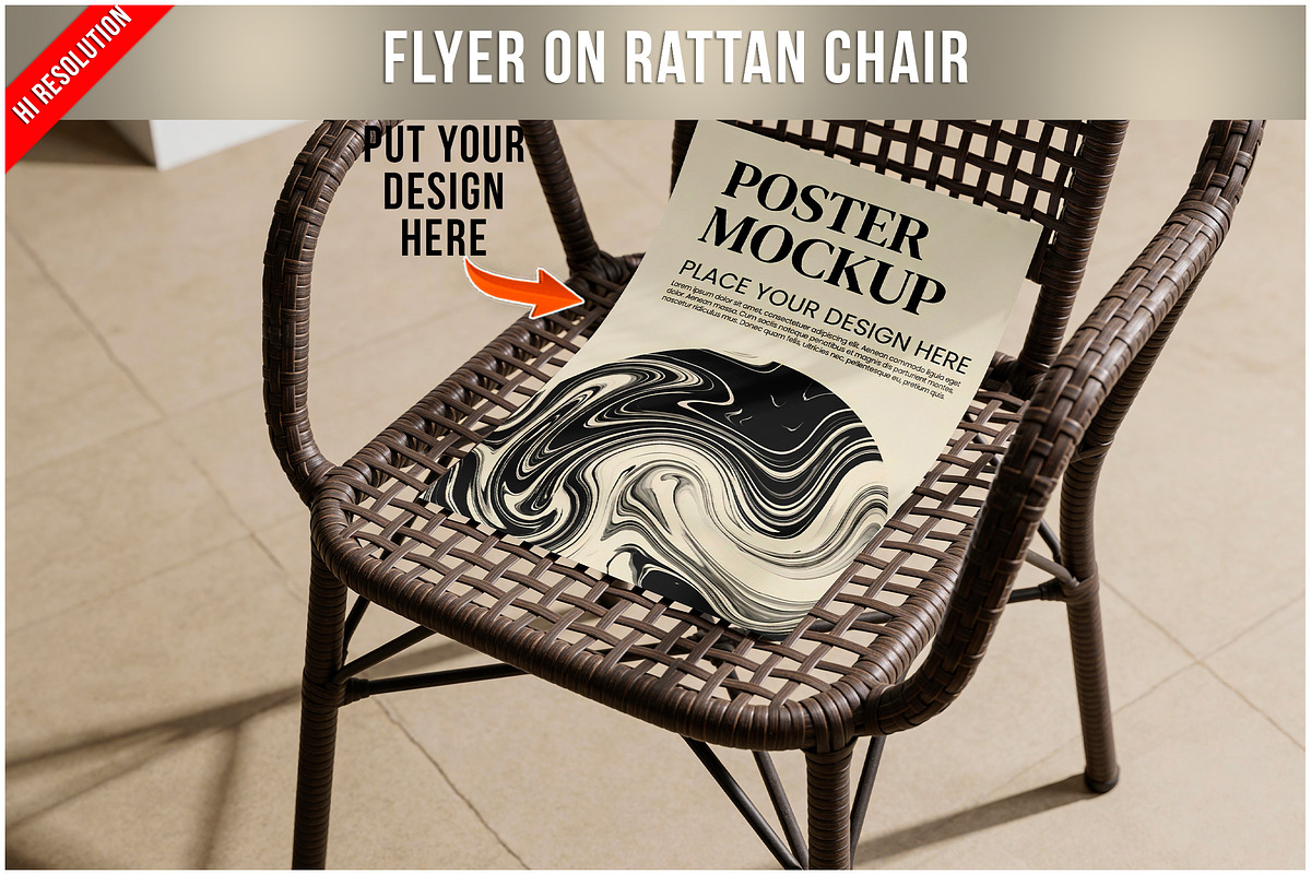 Flyer On Rattan Chair PSD, a Product Mockup by Bruno's Shop (Photo 1 of 3)