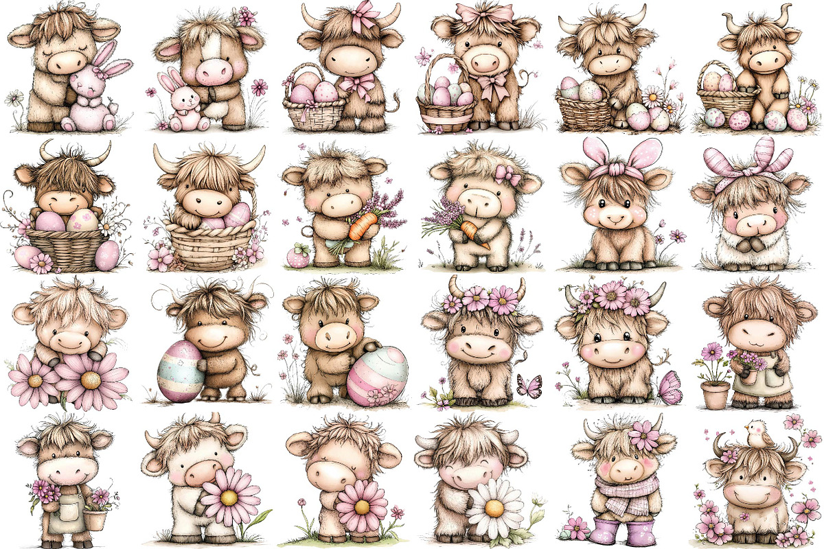 Whimsical Easter Highland Cow Clipar, an Illustration by DreamPrint404 (Photo 3 of 6)