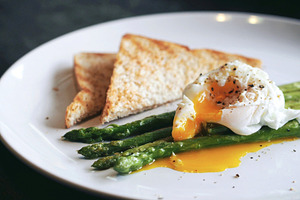 Breakfast, poached egg, bread