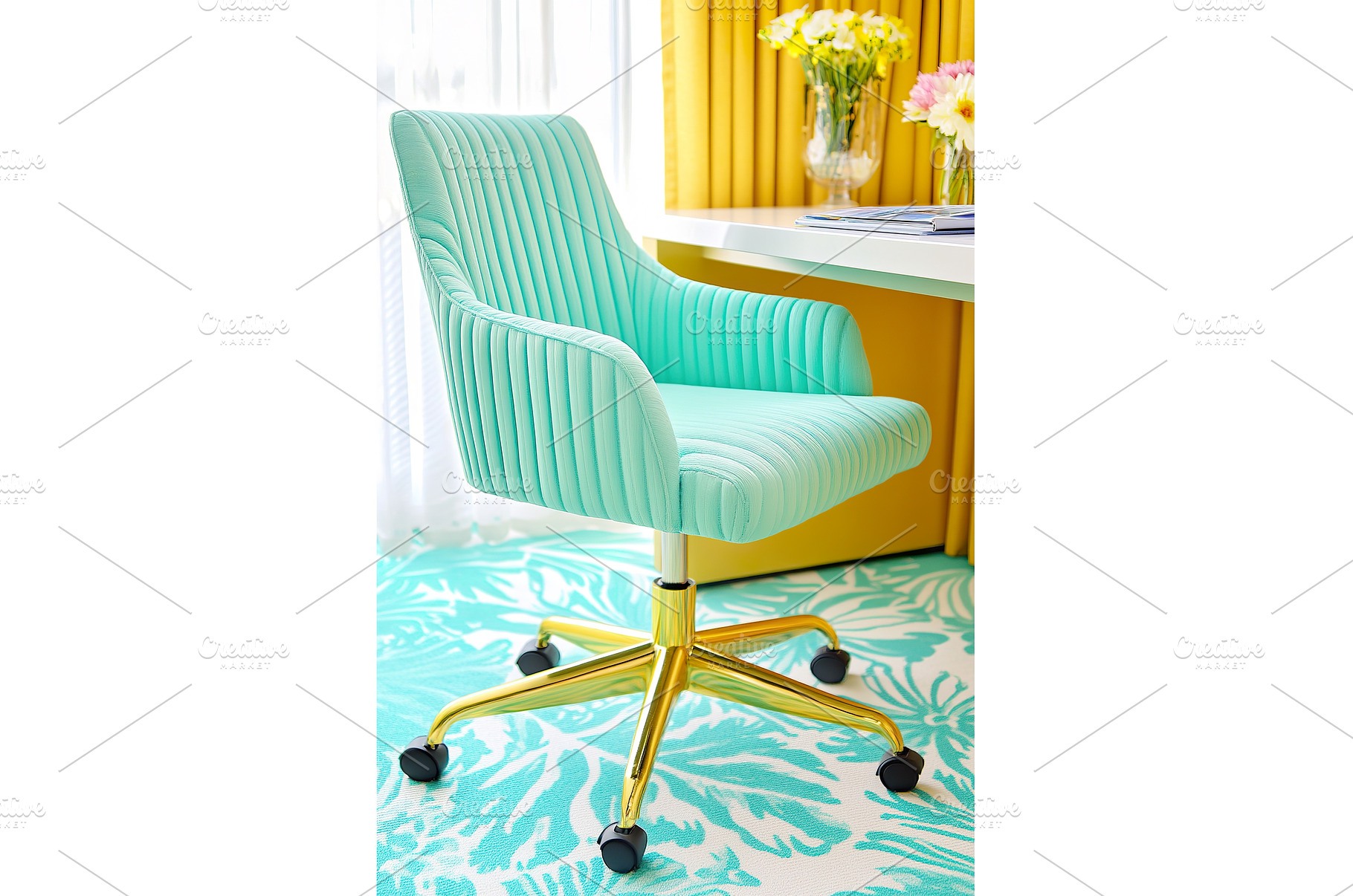 Aqua office chair with gold base in, a Background Photo by Lermont51