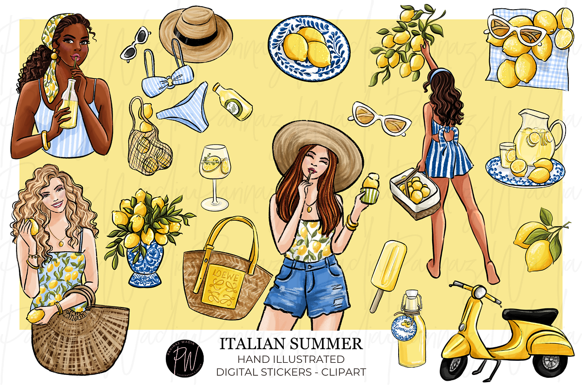Italian Summer girls clipart bundle, a Person Illustration by Parinaz Wadia Design (Photo 1 of 8)