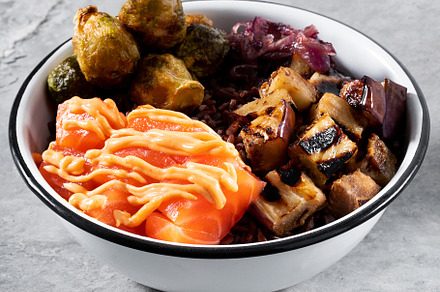 salmon poke bowl (eggplant, brussel sprout, caramelized onion an