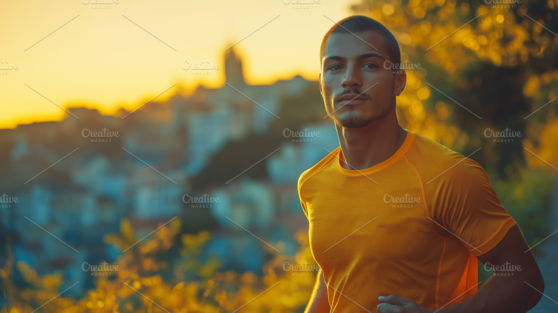 A young South Asian man jogs confidently in a vibrant orange shirt during sunse, a Person Photo by ImageMir