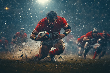 Rugby player running with ball in ra, a Background Photo by Pixeness