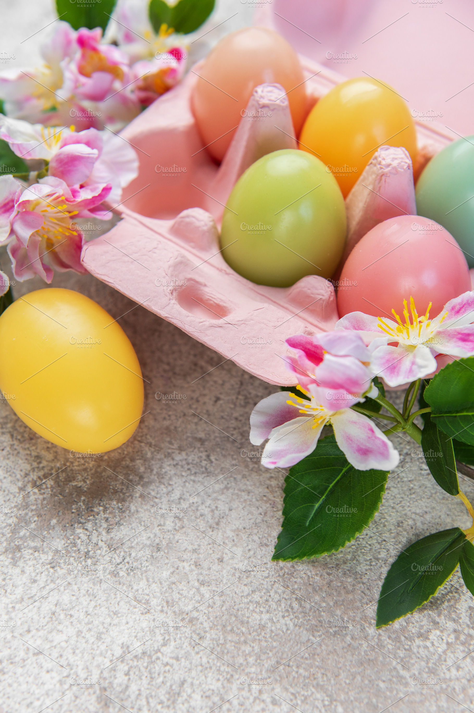 Pastel easter eggs in carton with spring blossoms, a Holiday Photo by Olena Rudo