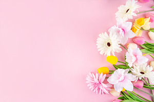 Beautiful spring flowers bouquet on pastel pink background, a Holiday Photo by Rimma