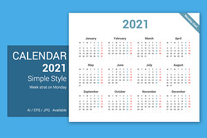 Simple Calendar 2021 Monday Starts