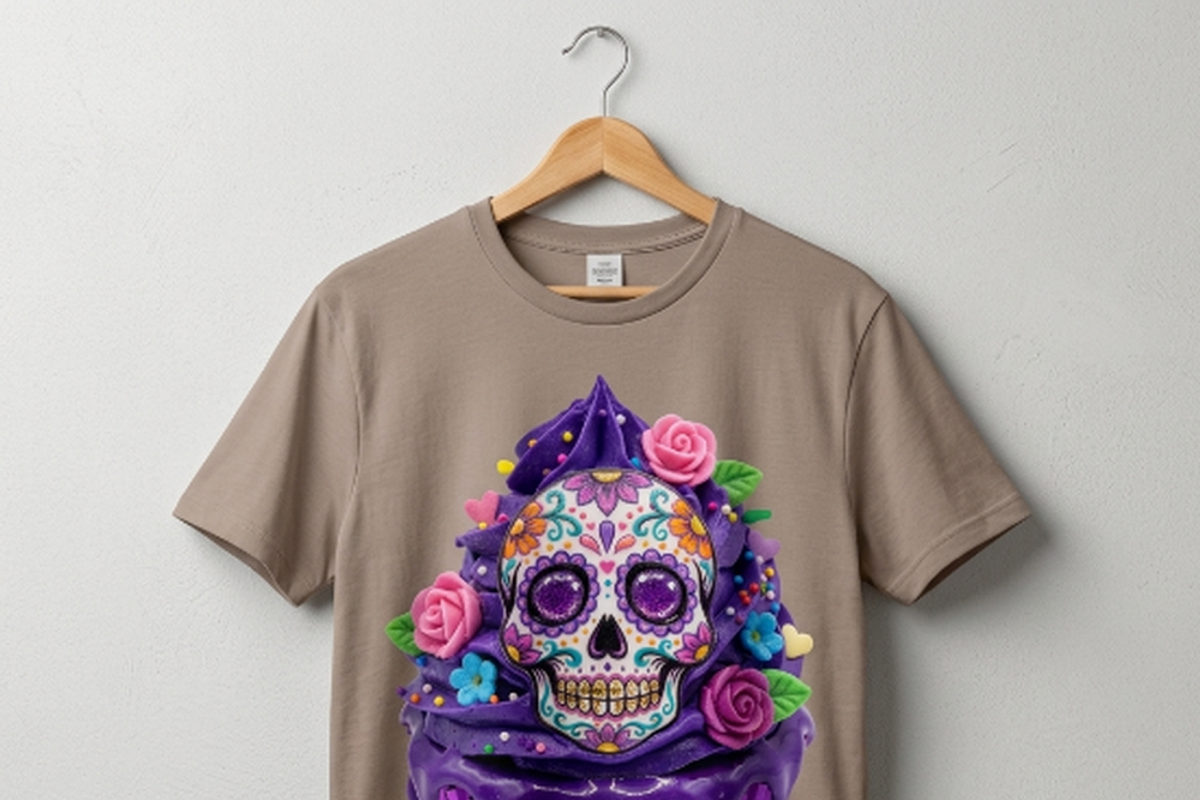 Sugar Skull Purple Cupcake Art, a Shirt Mockup by Vector Stall (Photo 2 of 14)