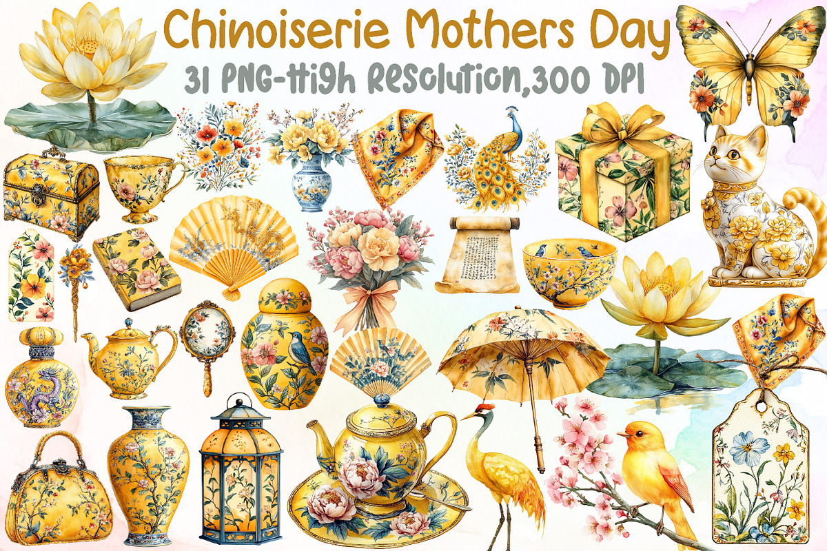 Yellow Chinoiserie Mothers Day Clipa, an Illustration by Sublimation Artist (Photo 1 of 6)