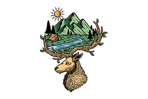 mountain view and deer in nature, an Animal Illustration by gunaonedesign