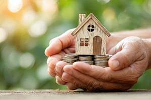 Hands holding house model and coins, a Photo by Pixeness Studio