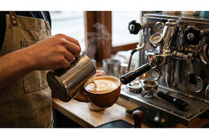 Making Milk Coffee in a Cafe, a Food & Drink Photo by CREATIVEDEF