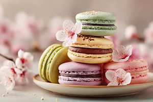 Stacked macarons with cherry blossoms, a Food & Drink Photo by AlyaAnd