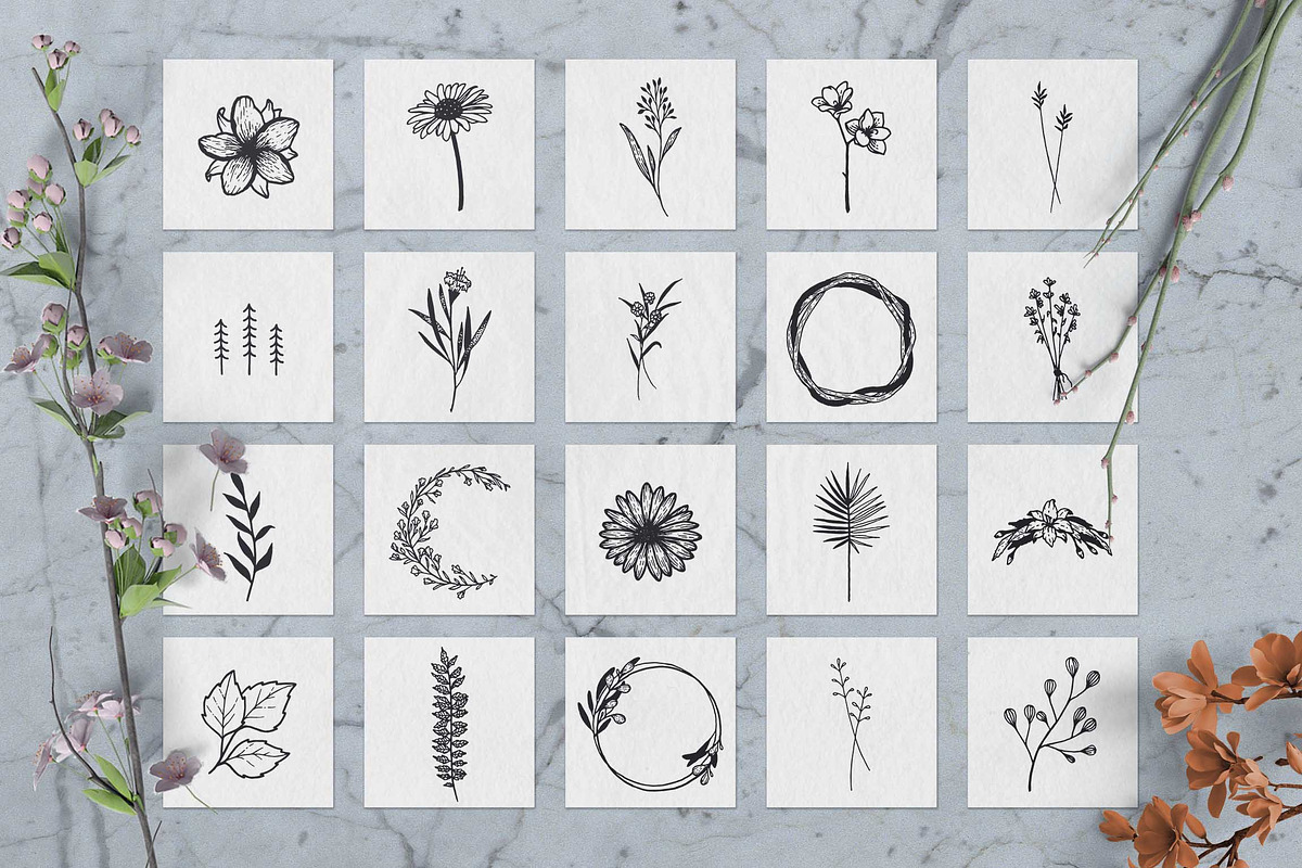100 Hand Drawn Elements -Floral-, a Decorative Illustration by Michael Rayback Design (Photo 3 of 18)
