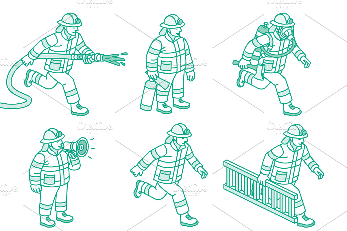 Isometric set of firefighters., an Illustration by Booblgum (Photo 1 of 3)