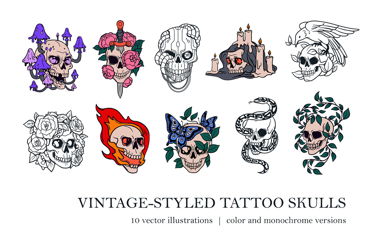 Horror vintage skull tattoo art set, a Decorative Illustration by Good Studio (Photo 1 of 16)
