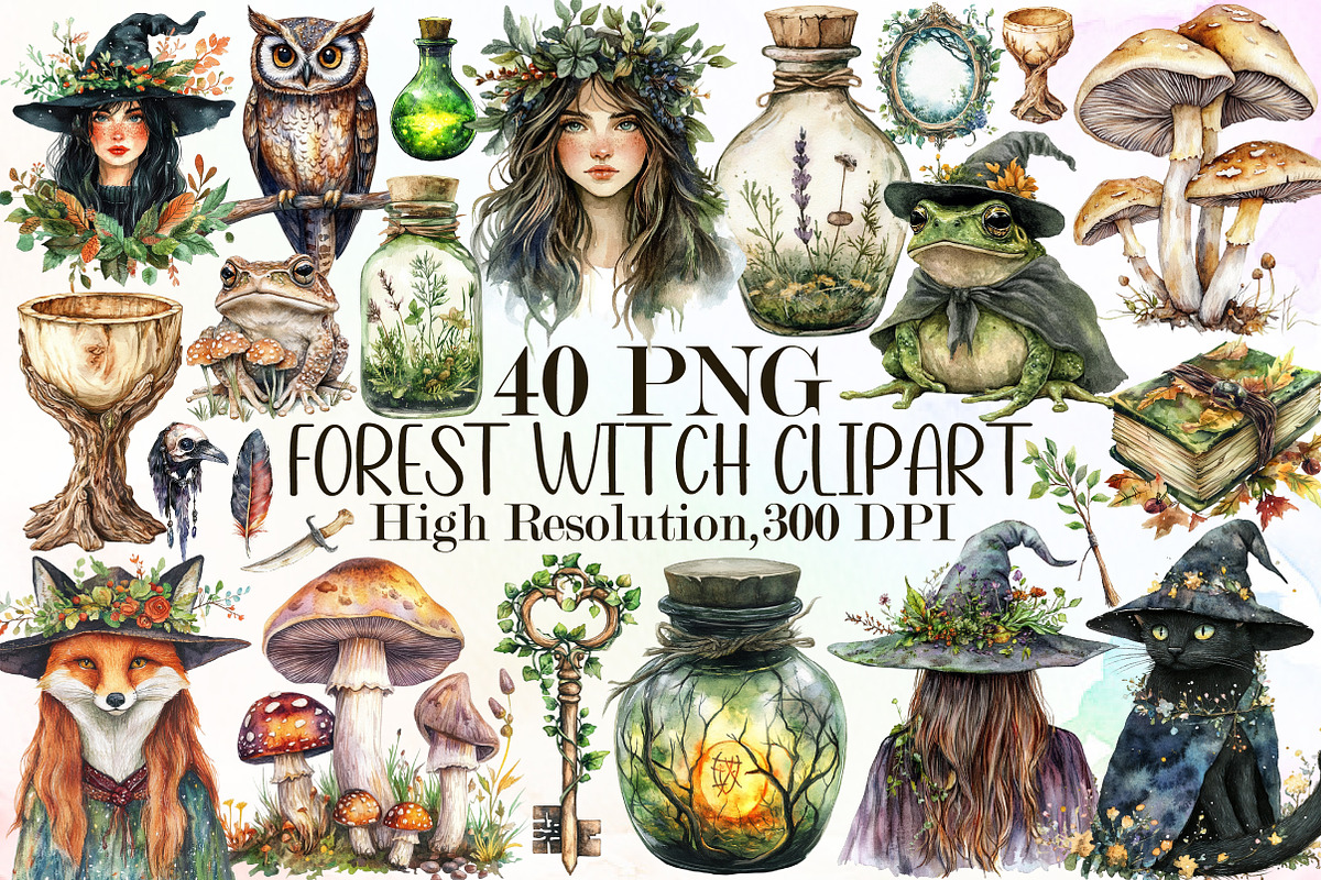 Watercolor Forest Witch Clipart, an Illustration by Sublimation Artist (Photo 1 of 6)