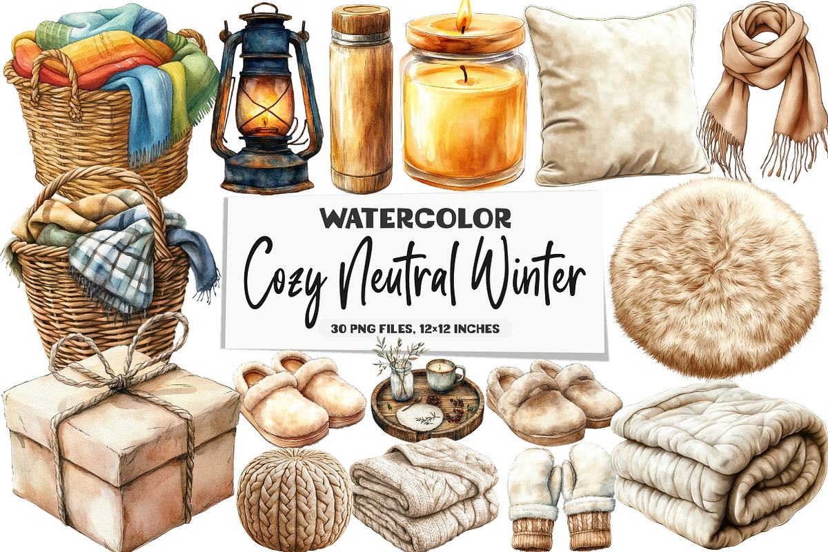 Watercolor Cozy Neutral Winter Clipa, an Illustration by DreamArtGraphic (Photo 1 of 5)