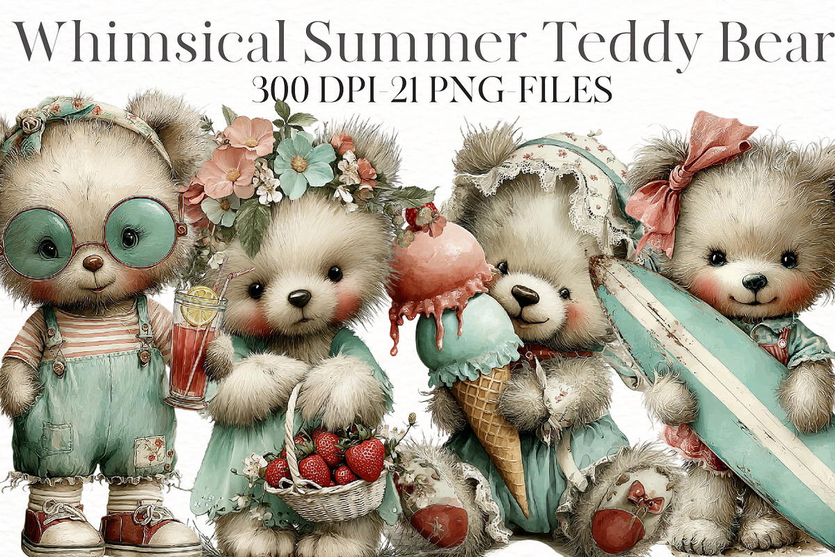 Whimsical Summer Teddy Bear Clipart, an Illustration by Designworld (Photo 1 of 8)