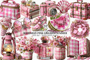 Bohemian Pink Gingham Summer Clipart, an Illustration by Canvas Craft