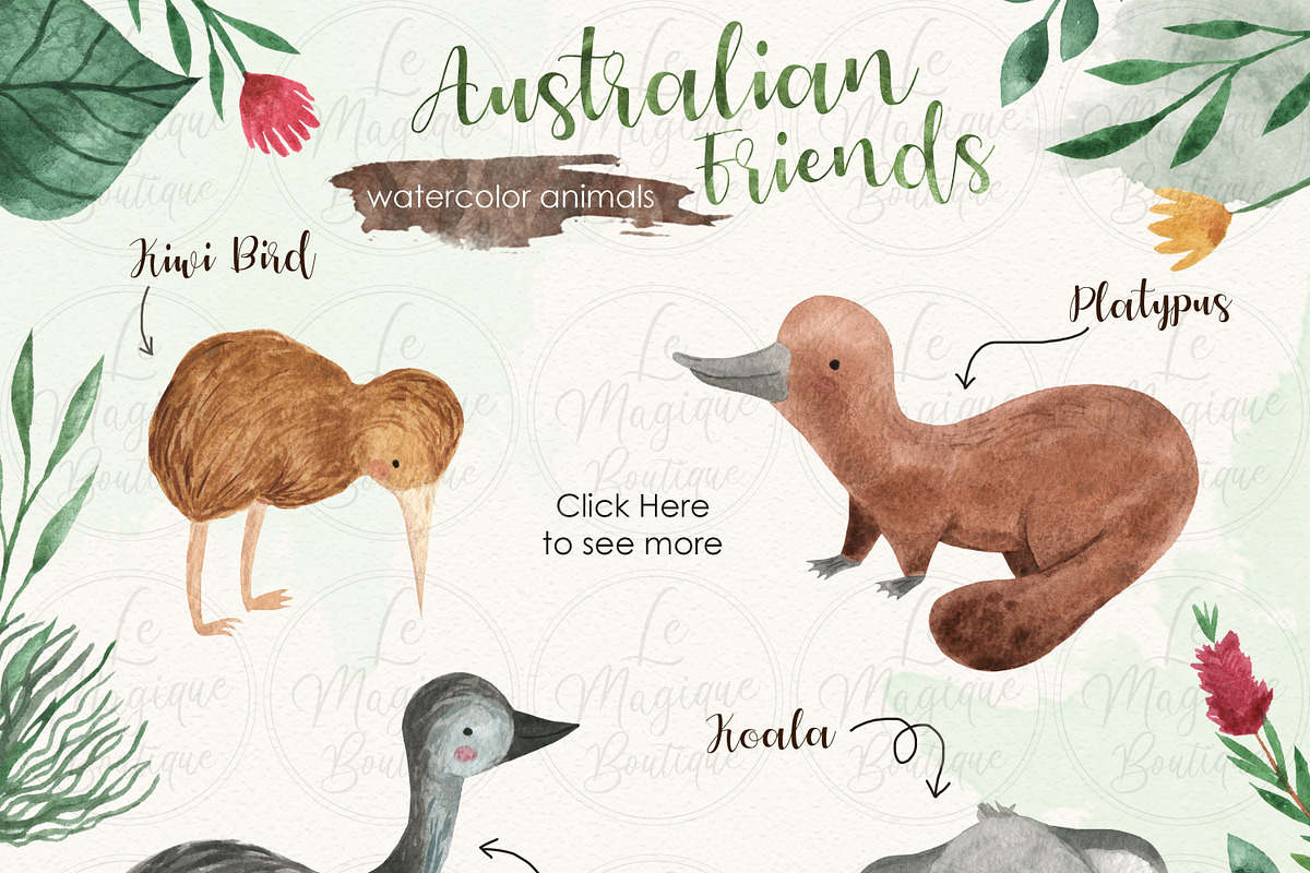 Australian Friends Watercolor Set, an Animal Illustration by LeMagiqueBoutique (Photo 2 of 5)