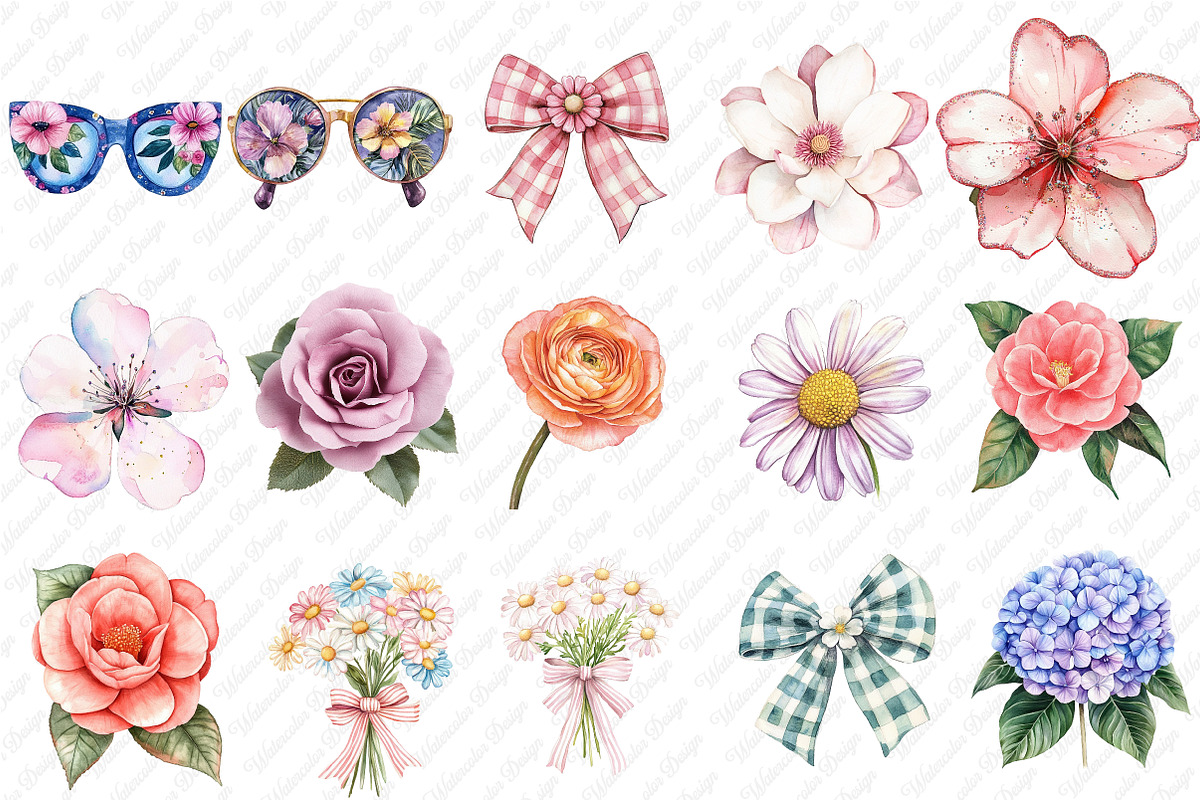 Watercolor Preppy Floral Clipart, an Illustration by Watercolor design (Photo 2 of 12)