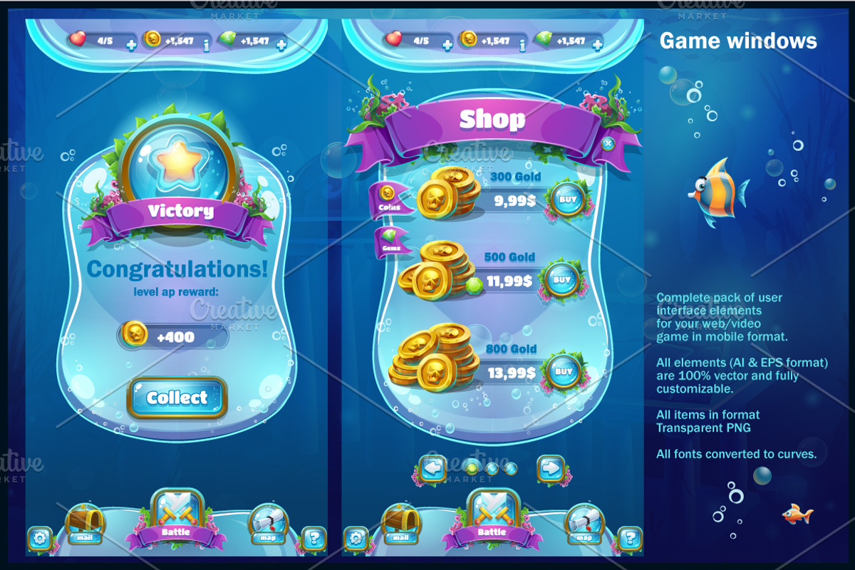 Atlantis Ruins - Casual Game UI, an Object Illustration by Nearbirds (Photo 3 of 4)