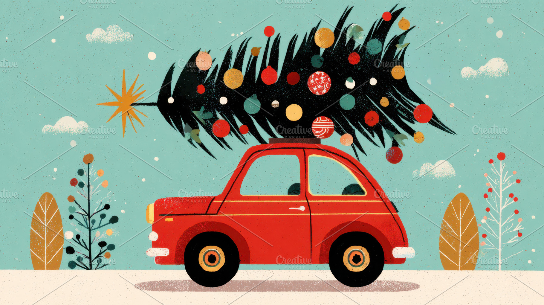 Red car with tree and ornaments, a Photo by Beautiful things