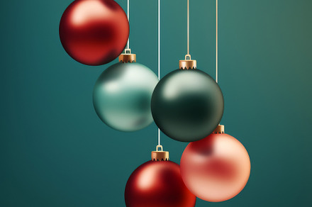 Christmas red and green matte ornaments on teal green background, a Photo by Dvoevnore photos